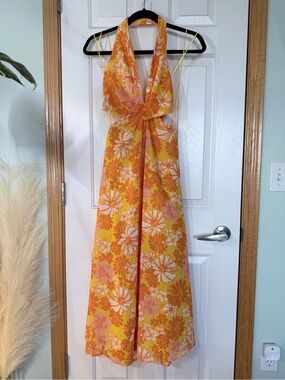 Flying Tomato Yellow Orange Floral Halter Midi Dress